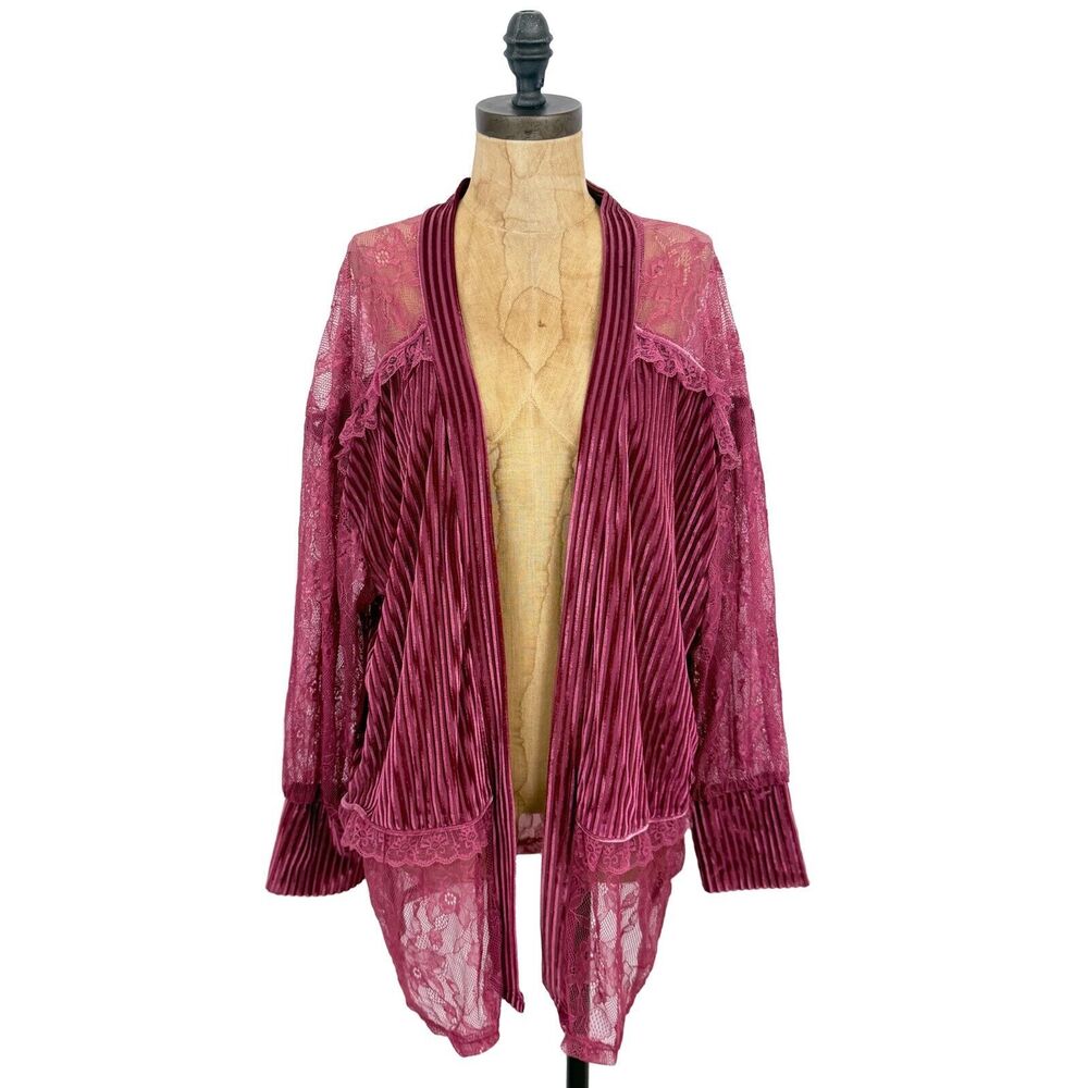 POL Plum Lace & Velvet Drape Cardigan